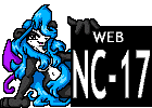 nude cartoon panda with great blue hair sitting seductively; big caption text Web NC-17